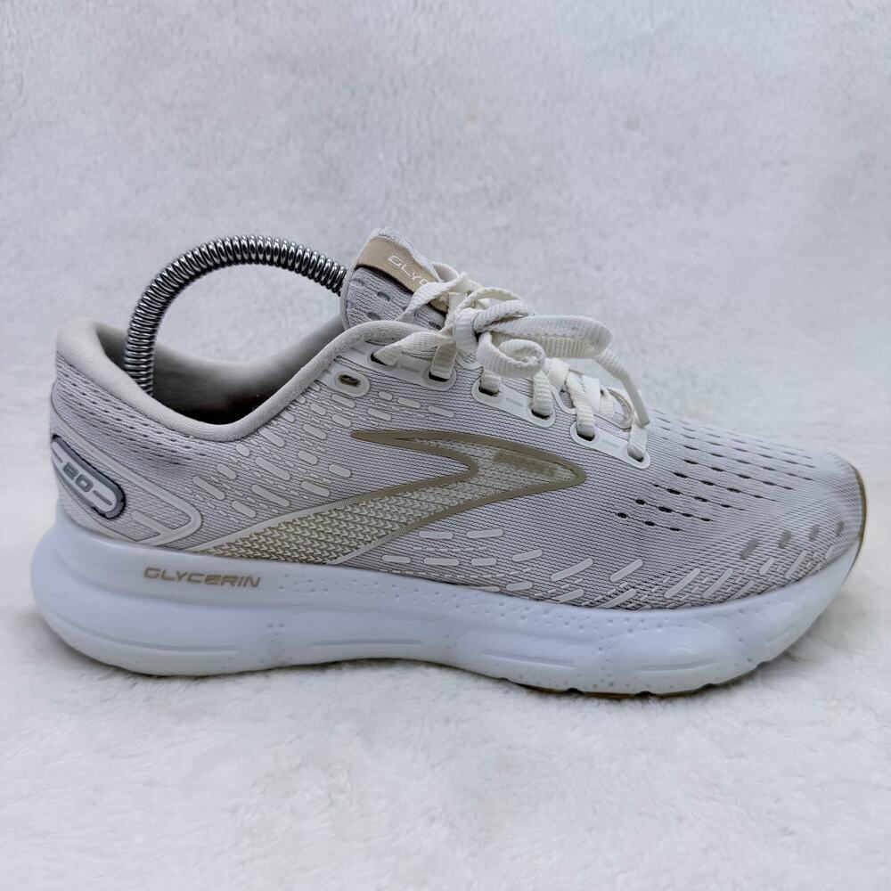 Brooks Glycerin 20 Womens Running Shoes White Khaki Size 9 Athletic Sneakers Run